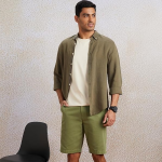 Men Green Solid Slim Fit Regular Shorts
